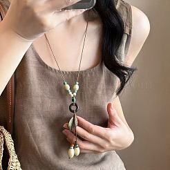 Chinese Style Porcelain & Alloy & Wood Leaf Pendant Adjustable Waxed Cord Long Necklaces for Women&nbsp;WG8DC5B-01