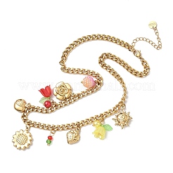 304 Stainless Steel & Acrylic Sunflower Strawberry Pendant Necklaces for Women&nbsp;NJEW-G180-09G