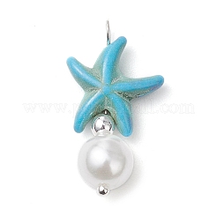 Dyed Synthetic Turquoise Starfish & ABS Plastic Imitation Pearl Pendants&nbsp;PALLOY-JF03794