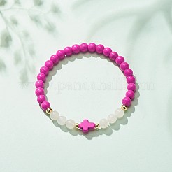 Synthetic Turquoise(Dyed) & Hematite & Natural White Jade Beaded Stretch Bracelet with Cross&nbsp;BJEW-JB08287-04