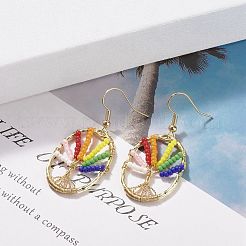 Oval with Tree of Life Glass Seed Braided Dangle Earrings&nbsp;EJEW-JE04874-02