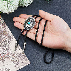 Adjustable Zinc Alloy Pave Synthetic Turquoise Oval Black PU Leather Cord Bolo Tie Lariat Necklaces&nbsp;NJEW-WH0035-04AS
