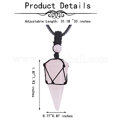 Natural Rose Quartz Cone Braided Pendant Necklace&nbsp;NJEW-SZ0001-59E