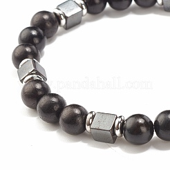Natural Wood & Synthetic Hematite Beaded Stretch Bracelet&nbsp;BJEW-JB07928