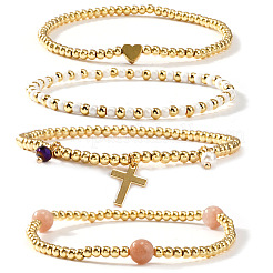 4Pcs Bohemian Beach Heart Round Brass Beaded Stretch Bracelet Sets&nbsp;ZQ1331-1