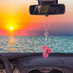 Plush Cloth Fabric Round & Polymer Clay Rhinestone Heart Pendant Hanging Ornament&nbsp;HJEW-DR00079