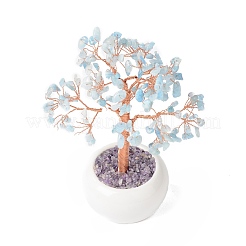 Natural Aquamarine Gemstone Chips with Brass Wrapped Wire Money Tree on Ceramic Vase Display Decorations&nbsp;DJEW-B007-02G