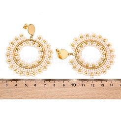 Woven Glass & Brass Beaded Donut Dangle Stud Earrings&nbsp;EJEW-A105-05G-01