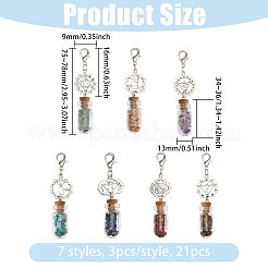 7 Chakra Natural Red Aventurine & Red Jasper & Green Aventurine & Tiger Eye & Synthetic Turquoise & Amethyst & Lapis Lazuli Chips inside Glass Wishing Bottle Pendant Decorations&nbsp;HJEW-FH00148