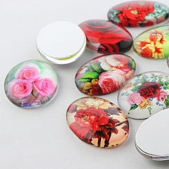 Multi-Color Flower Theme Ornaments Glass Oval Flatback Cabochons&nbsp;GGLA-A003-18x25-NN