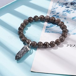 Natural Snowflake Obsidian Round Beaded Stretch Bracelet with Bullet Shape Charm&nbsp;BJEW-JB08310-04