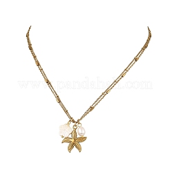 Ocean Natural Shell Flower & Rice Pearl & 304 Stainless Steel Starfish Pendant 2-Strand Chain Necklaces for Women&nbsp;NJEW-JN06260