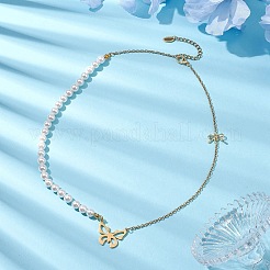 Bowknot Alloy Shell Pearl Beaded Necklaces&nbsp;NJEW-JN04819