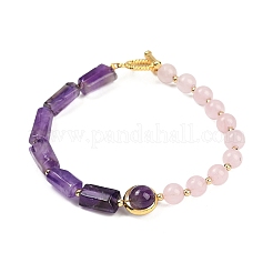 Natural Rose Quartz & Natural Amethyst & Brass Round & Prism Beaded Bracelets for Women&nbsp;BJEW-G752-01G-06