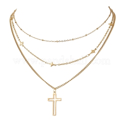 304 Stainless Steel Cross Pendant Link Chain 3 Layer Necklaces for Women&nbsp;NJEW-JN05474