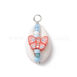 Natural Cowrie Shell & Handmade Polymer Clay Copper Wire Wrapped Pendants&nbsp;PALLOY-JF03818-02
