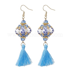 Lantern Glass Seed with Handmade Polyester Cotton Tassel Dangle Earrings&nbsp;EJEW-MZ00671