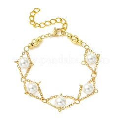 White Round Shell Pearl Brass Link Chain Bracelets for Women&nbsp;BJEW-JB14188