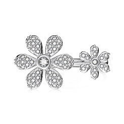 Flower Rhodium Plated 925 Sterling Silver Micro Pave Clear Cubic Zirconia Open Cuff Rings for Women&nbsp;RJEW-Q816-04P