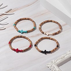 Coconut & Cross Dyed Synthetic Turquoise Beaded Stretch Bracelet for Men Women&nbsp;BJEW-JB09293