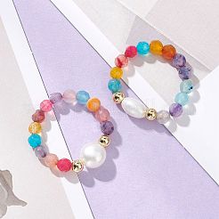 Adjustable Natural Cultured Freshwater Pearl & Natural Agate Finger Rings&nbsp;RJEW-JR00967