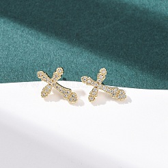 Cross Brass Micro Pave Clear Cubic Zirconia Hoop Earrings&nbsp;EJEW-H178-04G