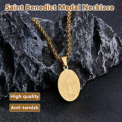 2Pcs Stainless Steel Saint Benedict Oval Medal Pendant Wheat Chain Necklaces&nbsp;NJEW-DC0001-20G