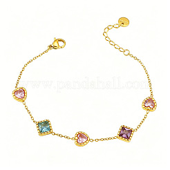 304 Stainless Steel Pave Colorful Cubic Zirconia Rhombus Heart Link Bracelets for Women&nbsp;WG7C819-01