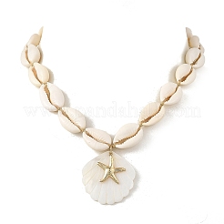 Summer 304 Stainless Steel Starfish and Natural Freshwater Shell Carved Pendant Necklaces&nbsp;NJEW-JN06566-01