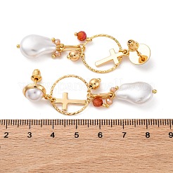 Brass Cross Dangle Stud Earrings&nbsp;EJEW-R014-11G