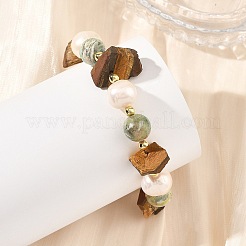 Raw Natural Tiger Eye & Round Green Line Jasper Beaded Stretch Bracelets&nbsp;BJEW-JB14287-02