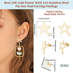 32Pcs 2 Styles 201 Stainless Steel Stud Earring Findings&nbsp;STAS-BBC0010-26