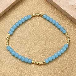 Brass & Glass Round Beaded Stretch Bracelets for Women&nbsp;BJEW-F515-04G
