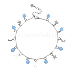 201 Stainless Steel Moon Star & Natural Dyed Malaysia Jade Round Charm Brass Bar Link Chain Anklets&nbsp;AJEW-AN00732-02