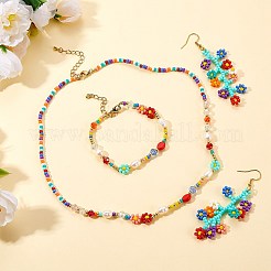 Natural Pearl & Glass Seed Beaded Necklace & Bracelet & Dangle Earrings&nbsp;SJEW-SW00008