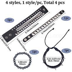 4Pcs 4 Styles Punk Style Hematite Round Beaded Stretch Bracelets & Rivets Bracelets  with Alloy Braided Bead Bracelets & Imitation Leather Bangles for Men Women&nbsp;BJEW-WH20002-09B