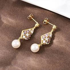 Rhombus Brass Micro Pave Clear Cubic Zirconia Dangle Stud Earrings&nbsp;EJEW-C172-04G