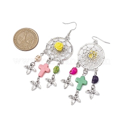 Woven Web/Net with Cross & Skull Synthetic Turquoise Dangle Earrings&nbsp;EJEW-JE05864