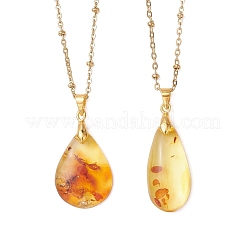 Natural Amber Teardrop Pendant 304 Stainless Steel Satellite Chain Necklaces&nbsp;NJEW-JN05983-01