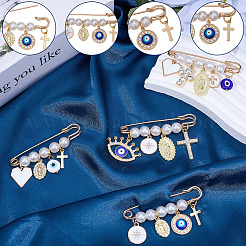 4Pcs 4 Styles Alloy Rhinestone with Enamel Evil Eye Cross Heart Virgin Mary Kilt Pins with Charms&nbsp;JEWB-BM0001-03