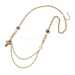 Natural Tiger Eye Round and Cross Pendant 304 Stainless Steel Chain Necklaces for Women&nbsp;NJEW-JN05755