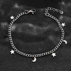 304 Stainless Steel Moon & Star Charm Bracelets&nbsp;BJEW-R021-05P