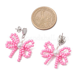 Heart with Bowknot Handmade Glass Seed Beads Dangle Stud Earrings&nbsp;EJEW-MZ00474-04