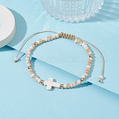 Cross Synthetic Turquoise & Glass Braided Bead Bracelets&nbsp;BJEW-JB09876