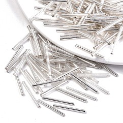 Electroplate Glass Bugle Beads, Round Hole, Metallic Colours, Silver Plated, 25x2.5mm, Hole: 1mm, about 1800pcs/bag