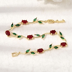 Leaf Brass Micro Pave Cubic Zirconia Link Chain Bracelets for Women&nbsp;LS-BJEW-D455-01G-04