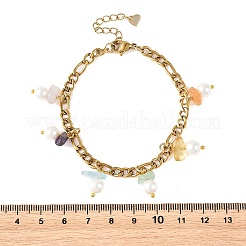 Natural Mixed Stone Chip and Shell Pearl Beads Tassel 304 Stainless Steel Figaro Chain Bracelets&nbsp;BJEW-JB14346-01