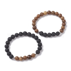 Natural Lava Rock & Wooden Round Beaded Stretch Bracelet&nbsp;BJEW-JB10075-01