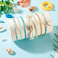 2 Bags Summer Beach Glass Seed Beaded & Natural Shell & Alloy Starfish Charm Anklet Sets&nbsp;AJEW-TA0003-69G