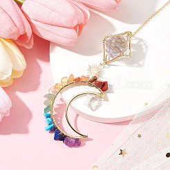 Natural & Synthetic Gemstone Chip Pendant Decorations with Brass Moon & Cable Chain&nbsp;HJEW-JM01646